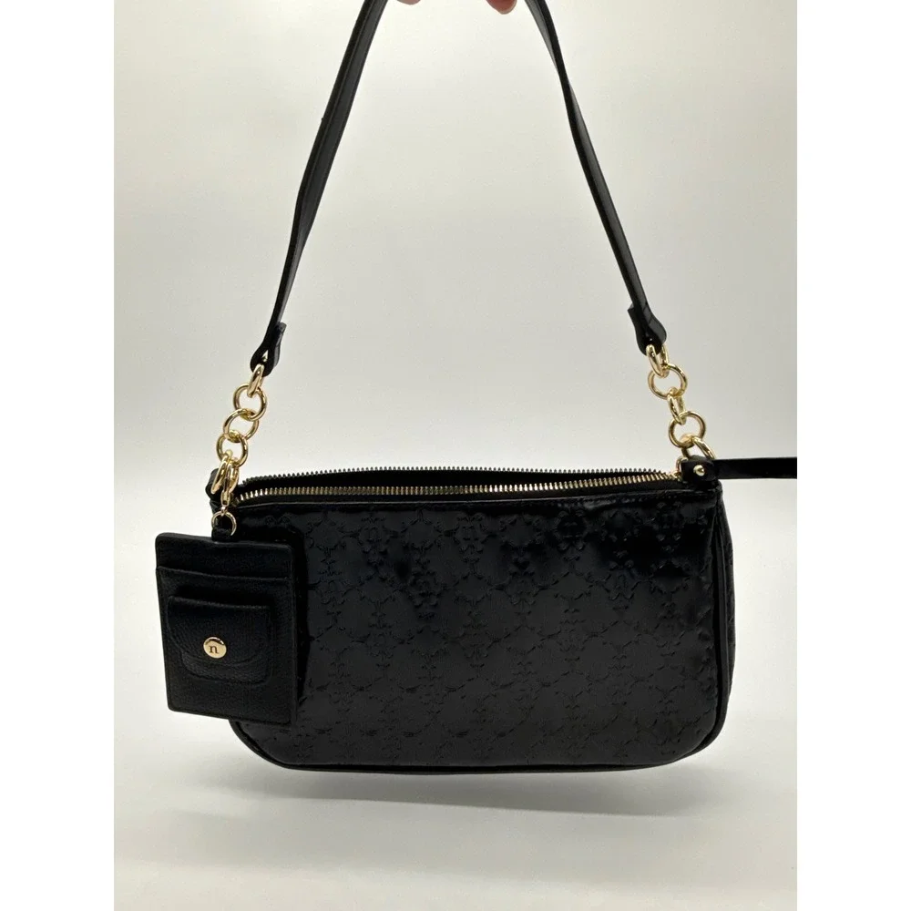 Nanette Lepore Black Embossed Logo Shoulder Bag Gold Chain Baguette Purse